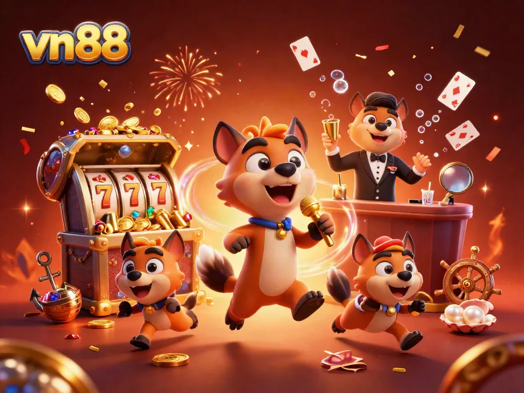 Experience the vibrant VN88 casino world with hyenas in a humor-filled setting, showcasing slot games and luxury.