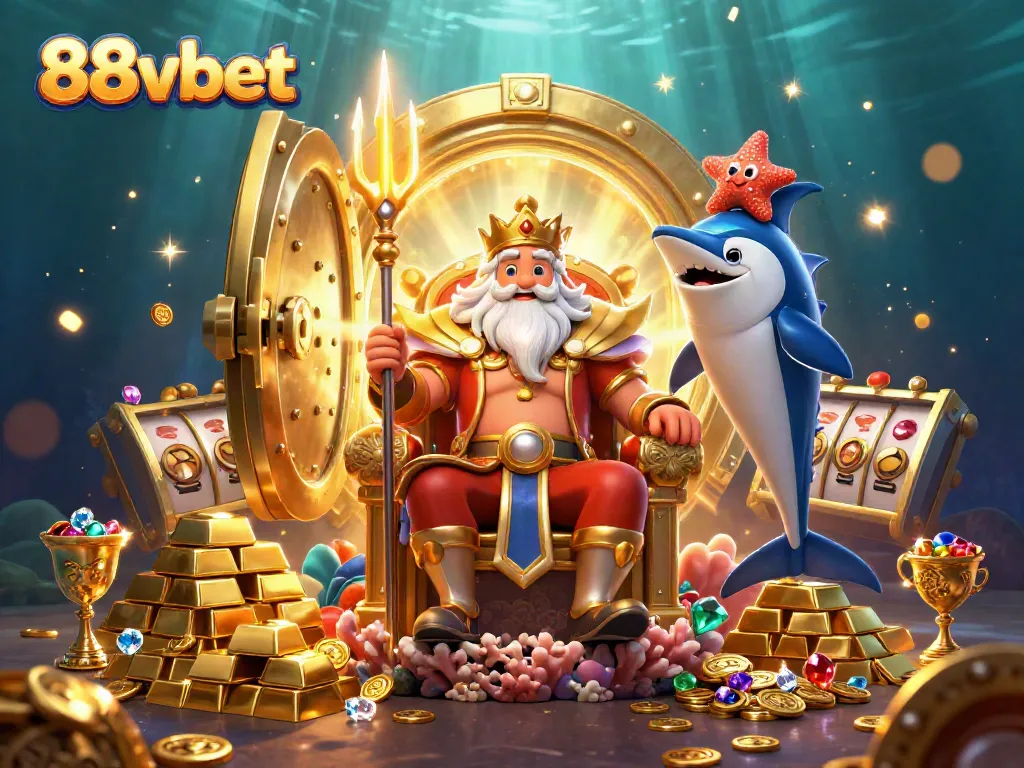 Experience thrilling gameplay at 88vbet with a vibrant 3D casino scene featuring Neptune and treasures.