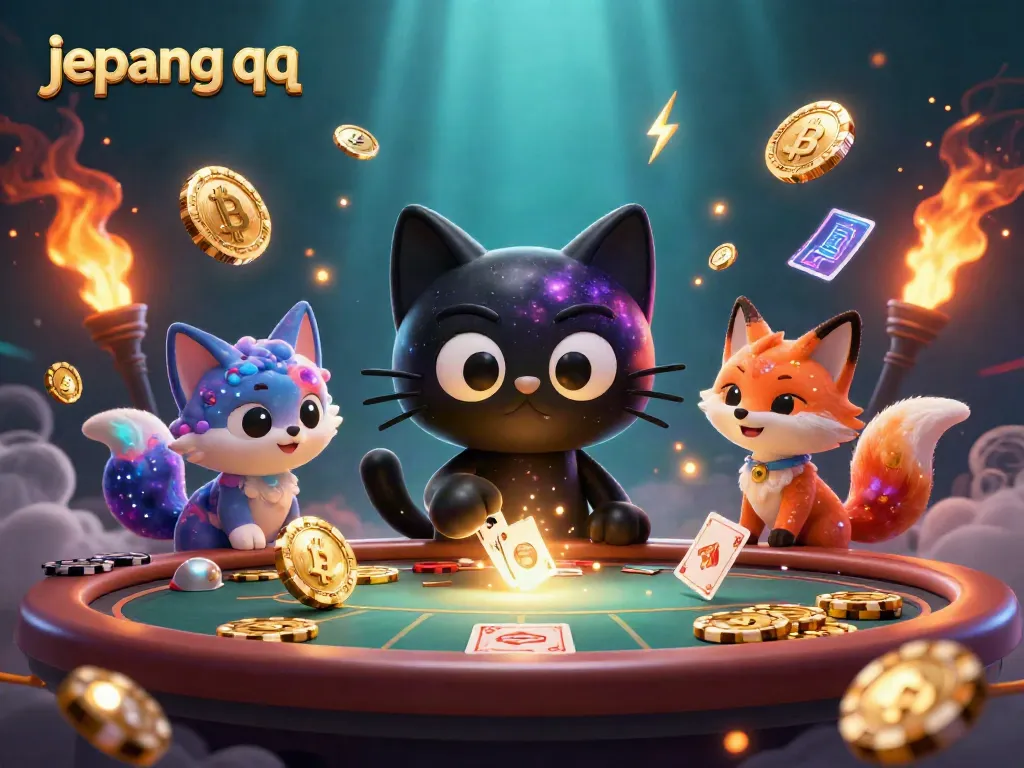 Menghadirkan jepang qq dengan kucing hitam yang menarik chip poker dan kartu di meja permainan yang kosmik.