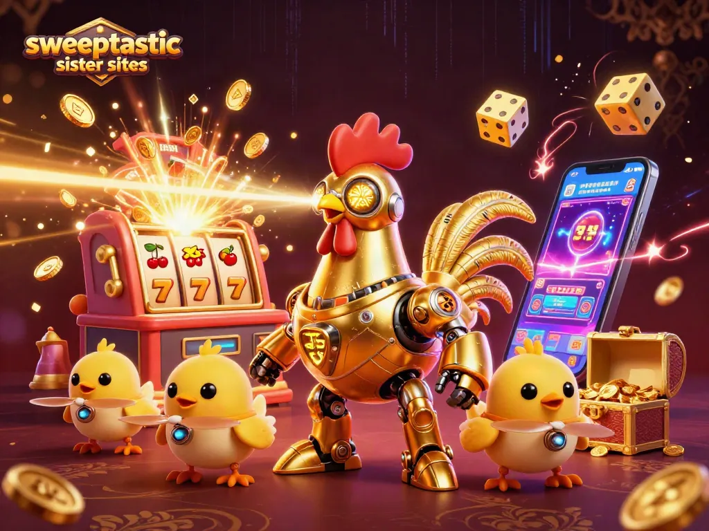 Spin and win at sweeptastic sister sites with our enticing golden rooster and slot machine scene.