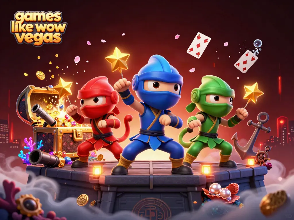 Win at games like wow vegas with this vibrant 3D illustration of ninja chameleons and casino elements.