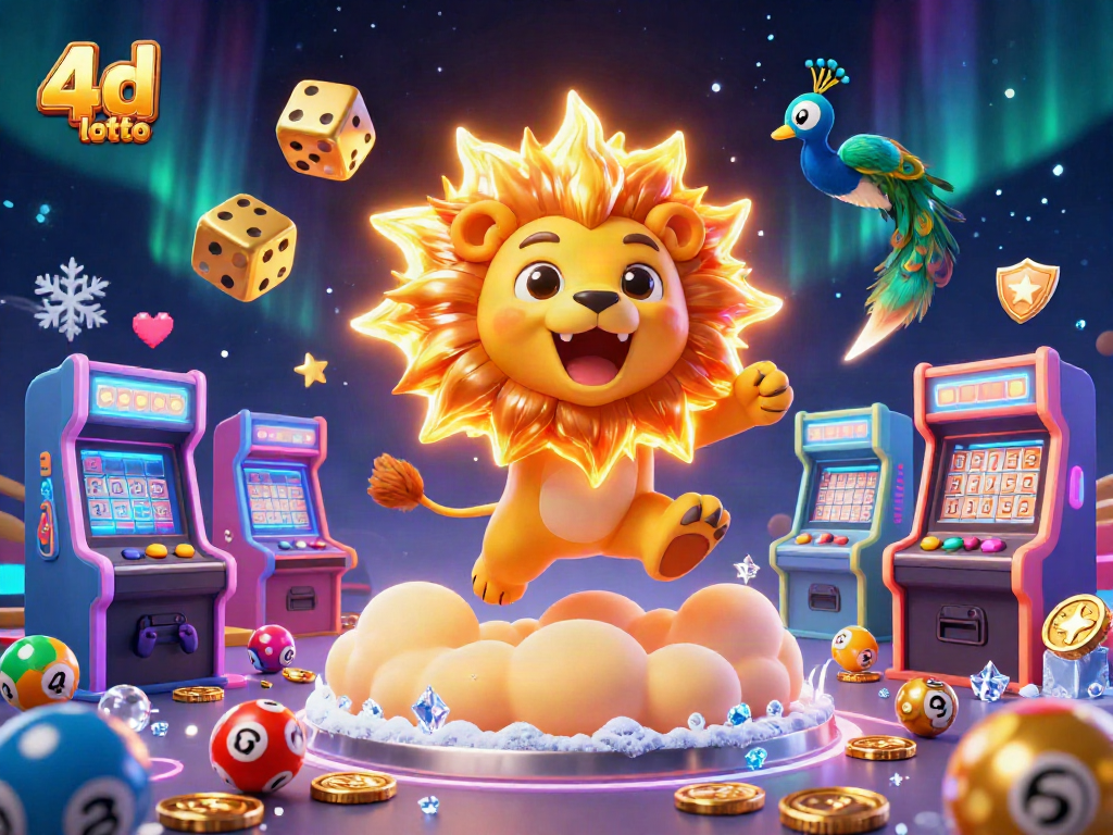 Engage in vibrant 4d lotto action with an energetic illustration featuring a roaring lion and lottery elements.