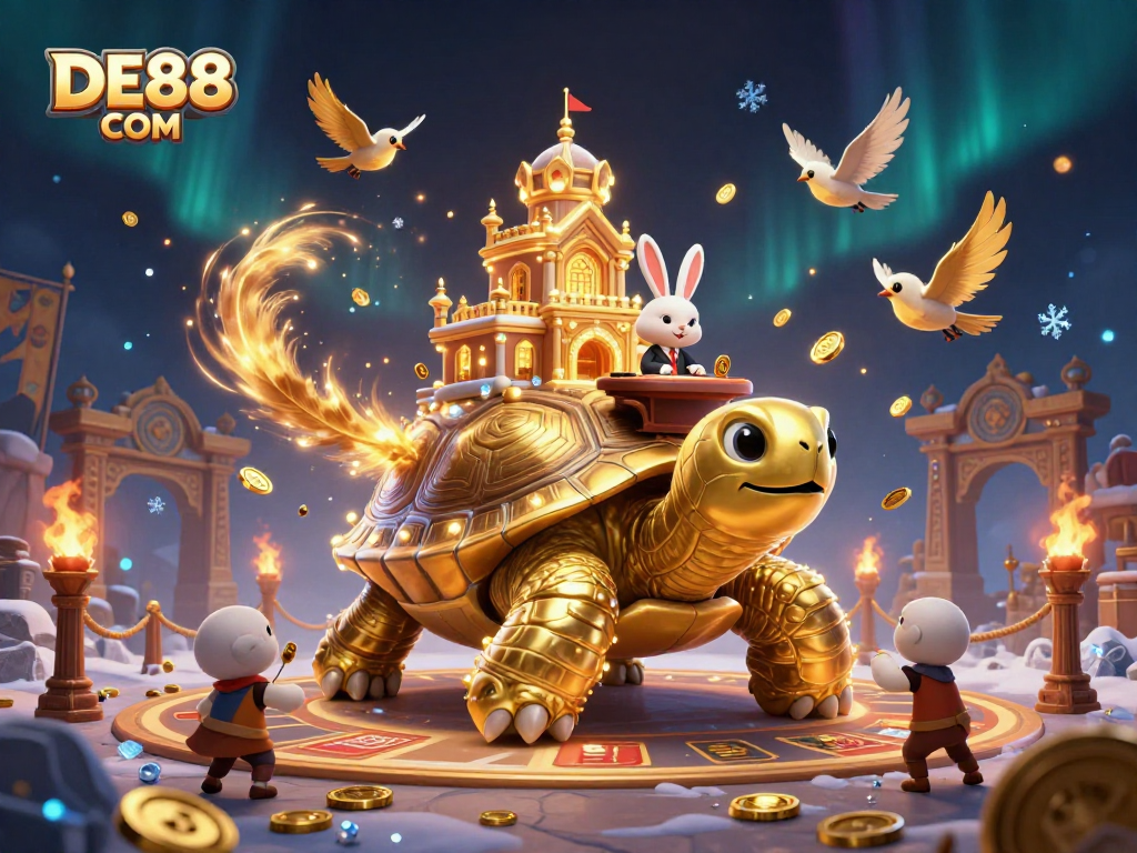 Join the excitement at DE88 COM with a vibrant 3D casino scene featuring a golden tortoise, rabbit dealer, and flying coins.