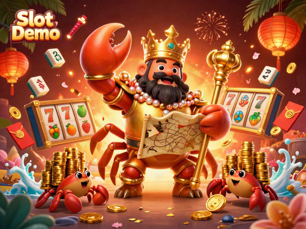 Play engaging Slot Demo games with vibrant visuals of crab emperors and floating slots.