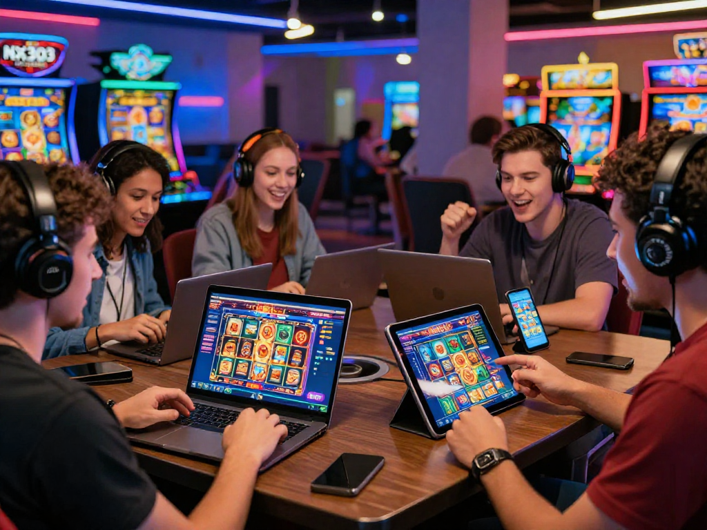 Players enjoying NX303 slot games on multiple devices in a vibrant casino setting