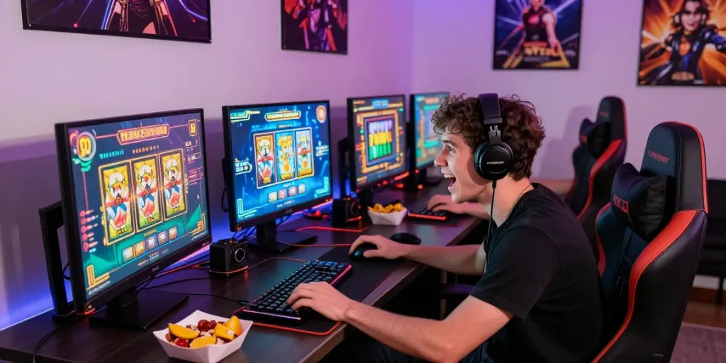 Pengalaman bermain slot online royal288 dengan suasana ceria dan aksesori gaming yang menarik.