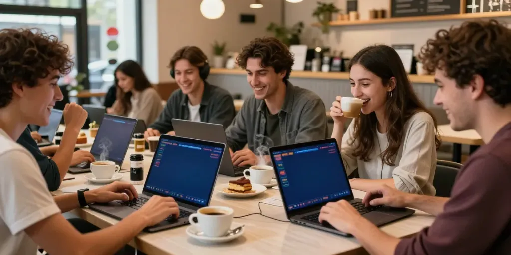 Friends enjoying luxury12 online slots at a cozy café, celebrating small wins.