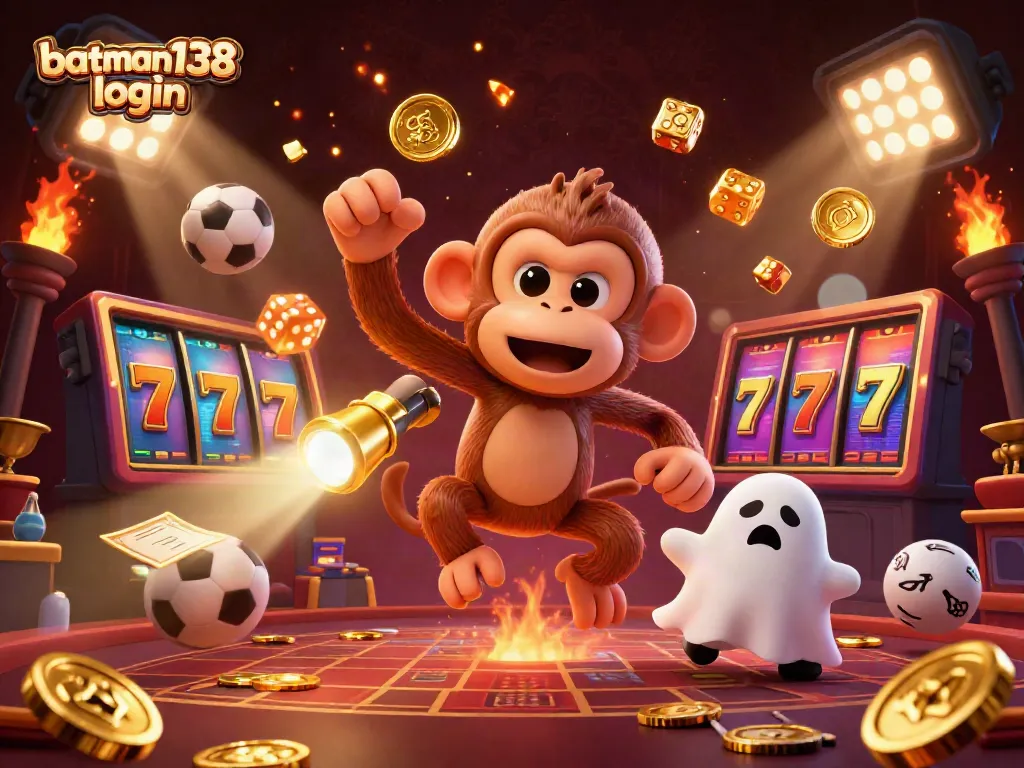 Engage with the batman138 login scene featuring a playful poltergeist monkey and a ghost-hunter puppy in a busy casino atmosphere.