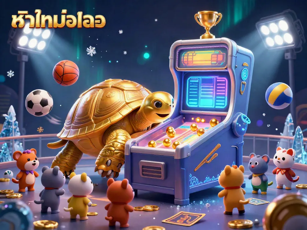 Experience the dynamic atmosphere of หนังใหม่ชนโรง with our vibrant golden tortoise character and sports elements in a bustling casino scene.