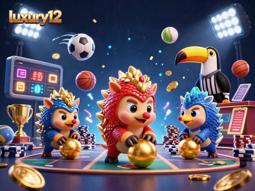 Experience luxury12 gaming as rival pangolins roll golden balls amidst vibrant casino elements.