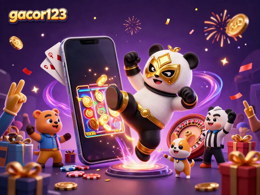 Win big with gacor123 as a panda wrestler takes center stage in a vibrant 3D casino scene.