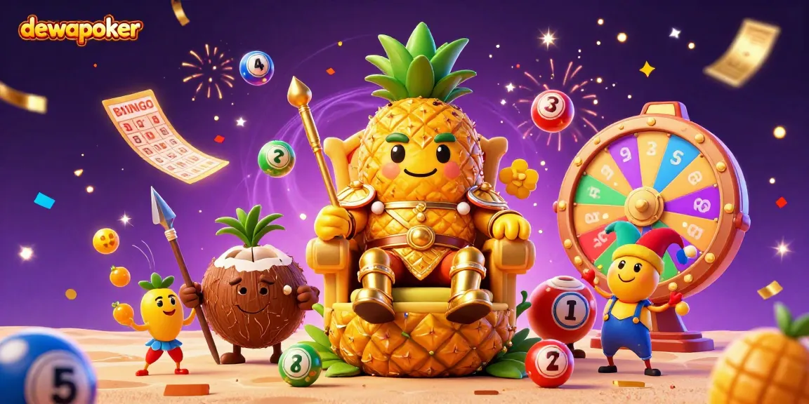Dewapoker vibrant casino scene depicts a golden pineapple king, coconut guards, and a jester amidst dynamic gaming elements.
