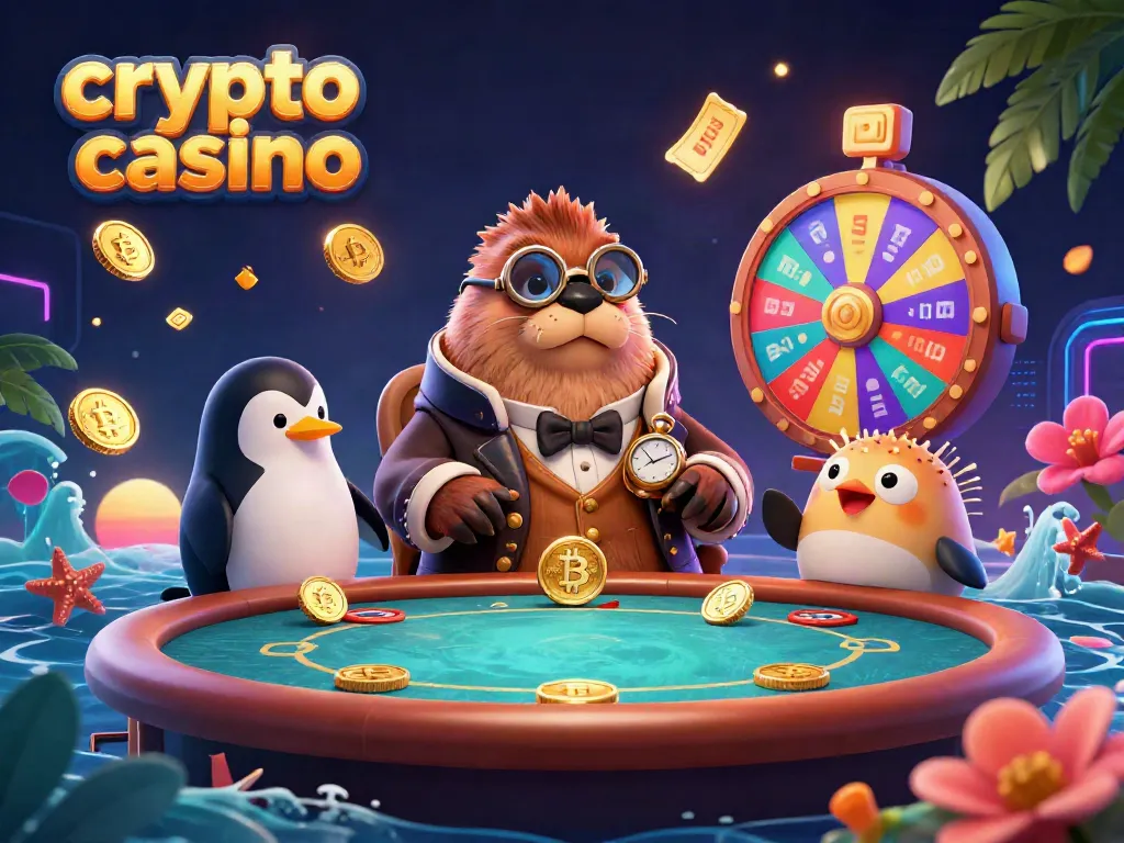 Dynamic scene from a crypto casino featuring a walrus, a penguin dealer, and a pufferfish among bonus elements.