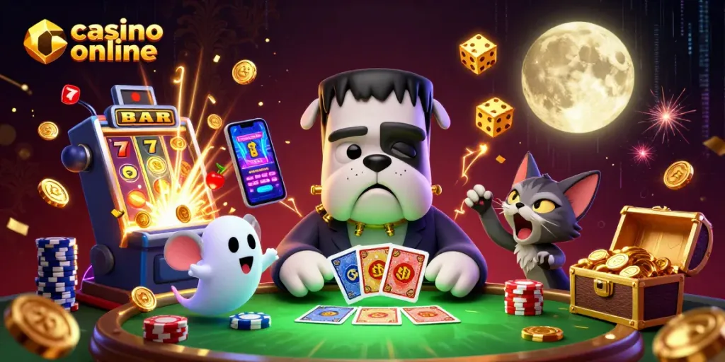 Mengambil tindakan di casino online dengan bulldog Frankenstein yang membagikan kartu di meja berwarna hijau menakutkan.