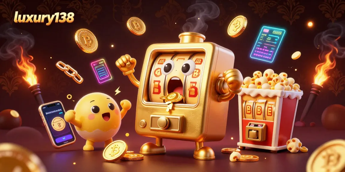 luxury138 memainkan jackpot dengan mesin slot emas bergerak, dikelilingi koin kripto dan efek kilauan.