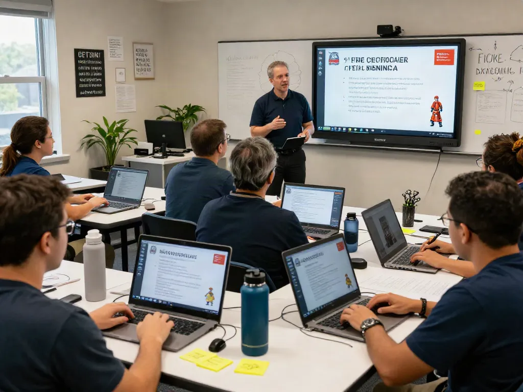 Engaging virtual NFPA CFPS Certification training in Saudi Arabia, showcasing professionals collaborating with digital materials and visuals.
