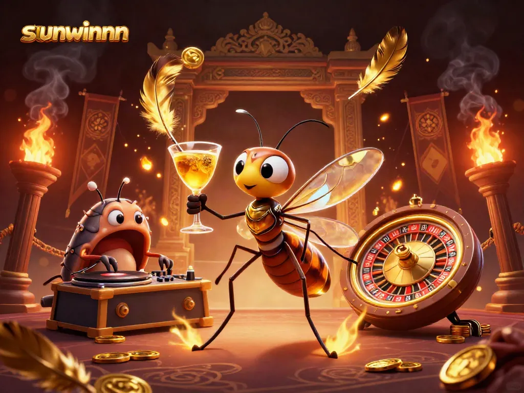 Experience excitement at sunwinnn with a 3D lively casino illustration showcasing vibrant gambling elements.
