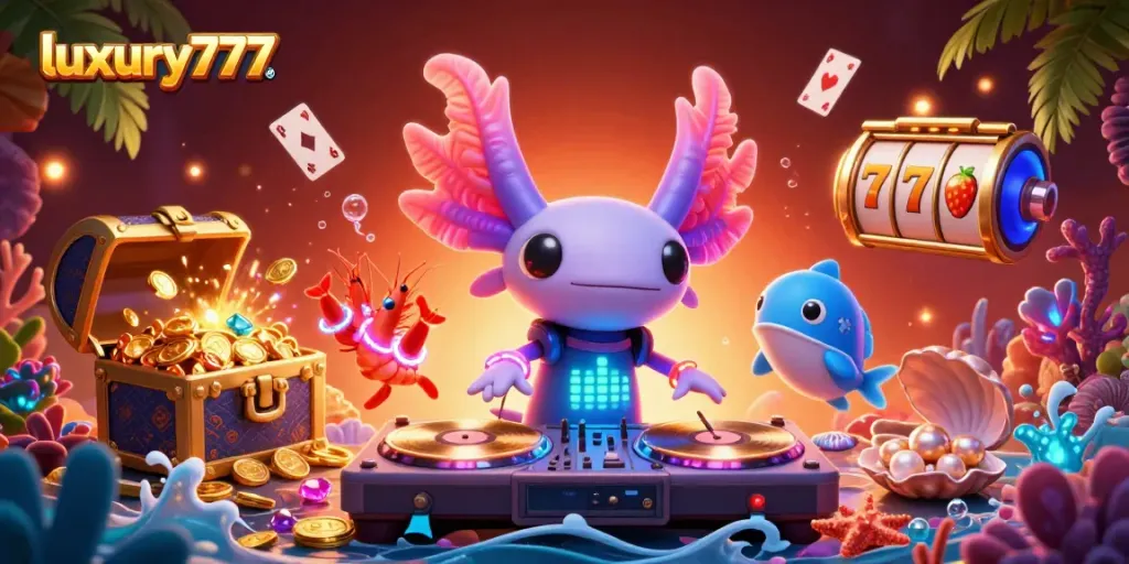 Engage with luxury777's vibrant action as the axolotl DJ spins alongside lively sea creatures, showcasing an immersive casino experience.