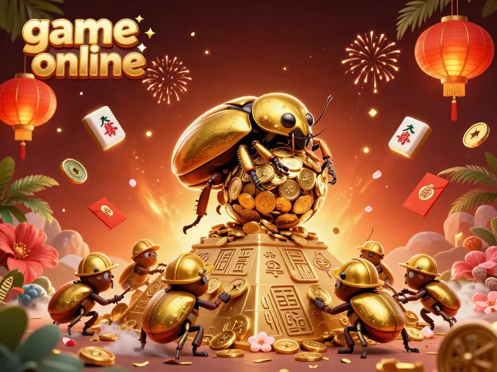 Engage in exciting game online experiences with a vibrant scene featuring golden beetles and dynamic casino elements.