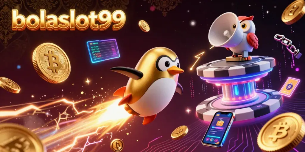 Experience bola slot99 thrill with a rocket-powered penguin flying to a casino station amidst dazzling crypto elements.