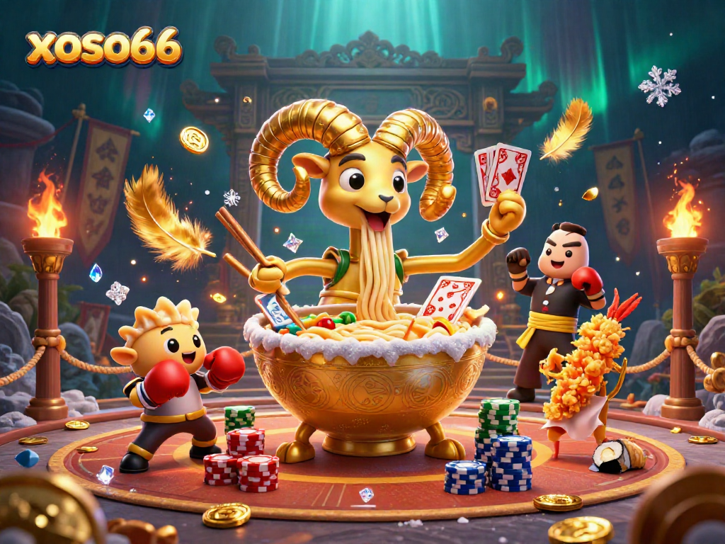 xoso66 showcases a vibrant illustration of a giant ramen bowl and fun casino characters engaging in exciting gameplay.