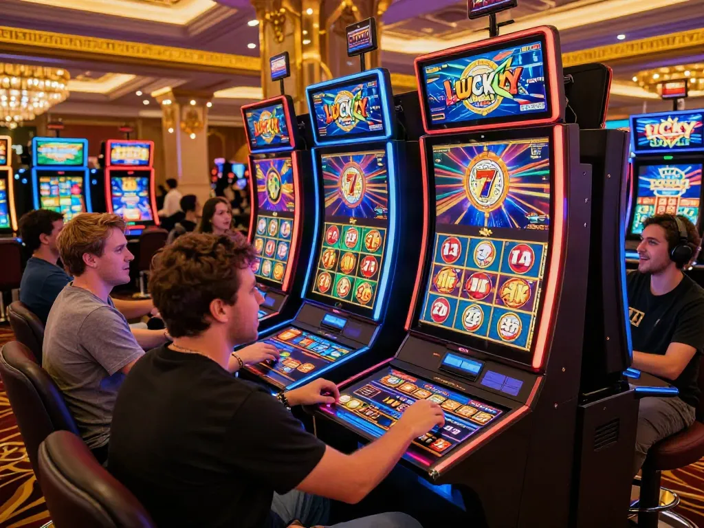 Players at a vibrant casino enjoying a Lucky777 slot machine game full of excitement.