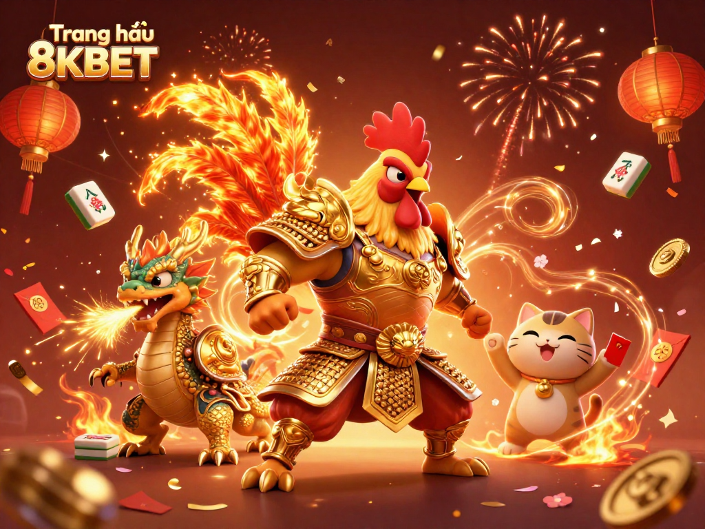 Experience the excitement of Trang chủ 8KBET with 3D characters celebrating in a vibrant casino atmosphere.
