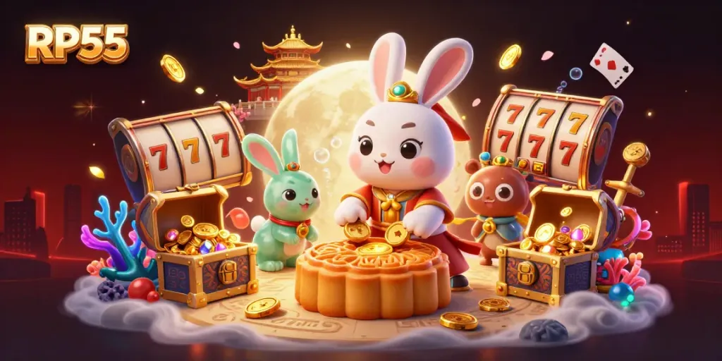 Experience the vibrant world of RP55 with a whimsical moon rabbit in a casino-themed scene filled with slot machines and enchanting elements.