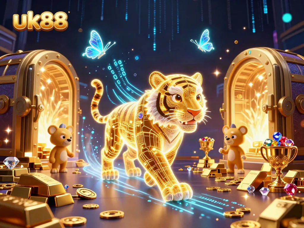 Experience the excitement of uk88 with vibrant gaming elements and a neon tiger in this dynamic casino landscape.
