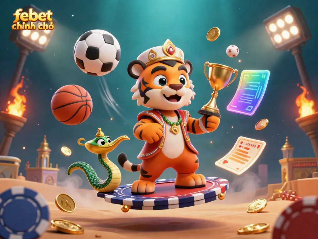Experience immersive gambling action with febet chính chủ in this vibrant 3D casino scene featuring sports elements.
