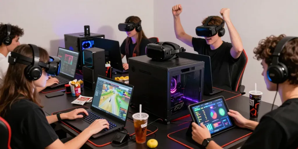 Players enjoying qqmacan online games with high-tech gear in a vibrant gaming environment.