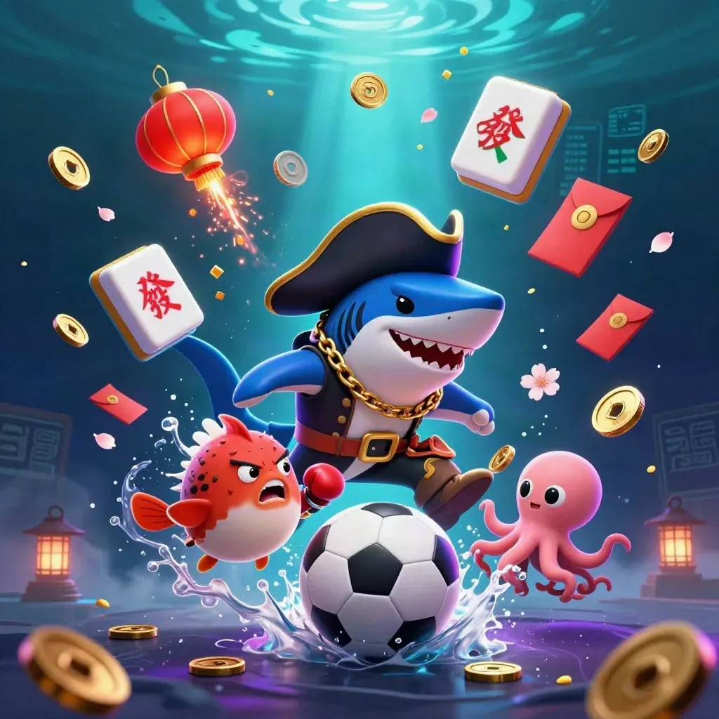Shark pirate, pufferfish boxer, and coin-juggling octopus amid sports gear underwater glow.