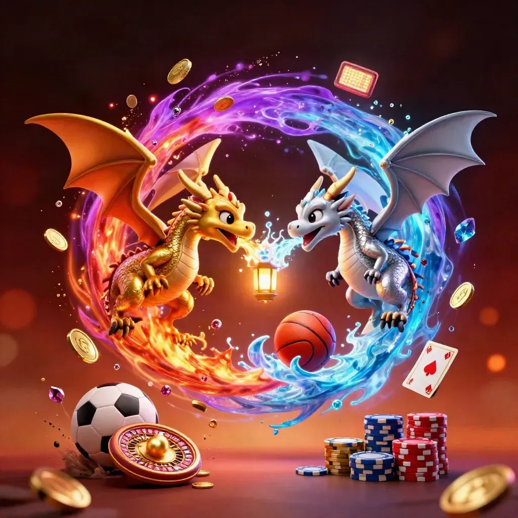 Gold and silver dragons spiral with casino chips, sports balls, coins and neon casino glow.