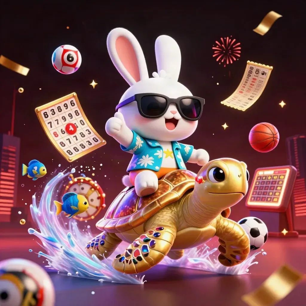 Lucky rabbit rides jeweled sea turtle amid casino sports symbols, neon sparks, and flying confetti