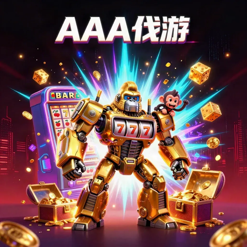 Golden gorilla mech with tiny monkey pilot bursting from a slot machine amid neon treasure and energy