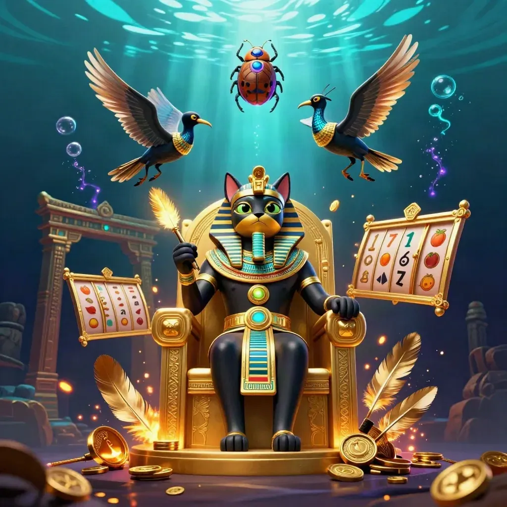 Egyptian cat pharaoh, ibis scribe, and gem-wing scarabs amid neon casino treasure and underwater rays.