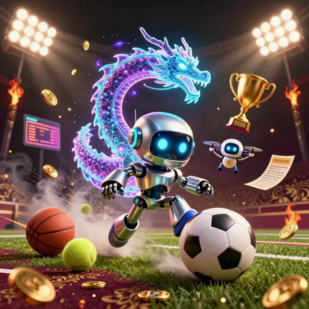 Cyberpunk robot, digital dragon, and coin drone amid a soccer strike, gold coins, neon light.