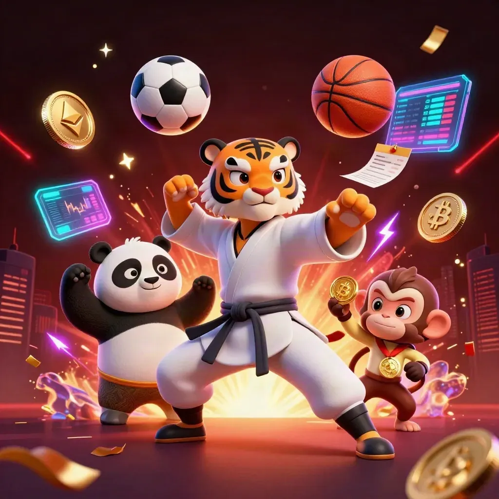 Tiger, panda, and monkey in a neon casino sports blast with coins, balls, and lightning.