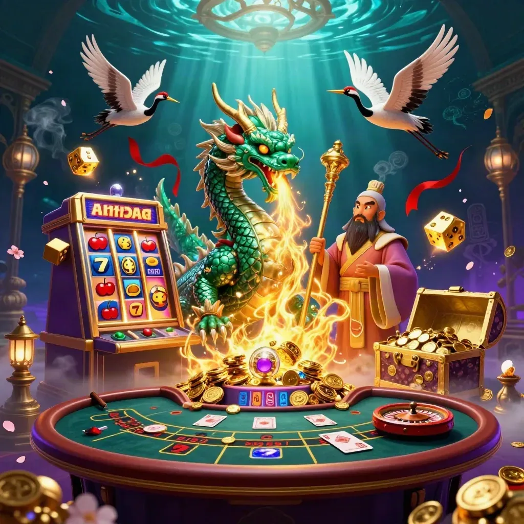 Emerald dragon, turtle sage and cranes amid jackpot slot effects in a glowing underwater casino