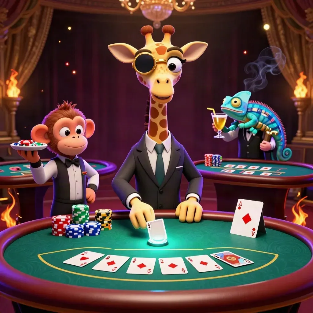 Giraffe, monkey, and chameleon at a luxe casino table with chips, cards, and glowing lights.