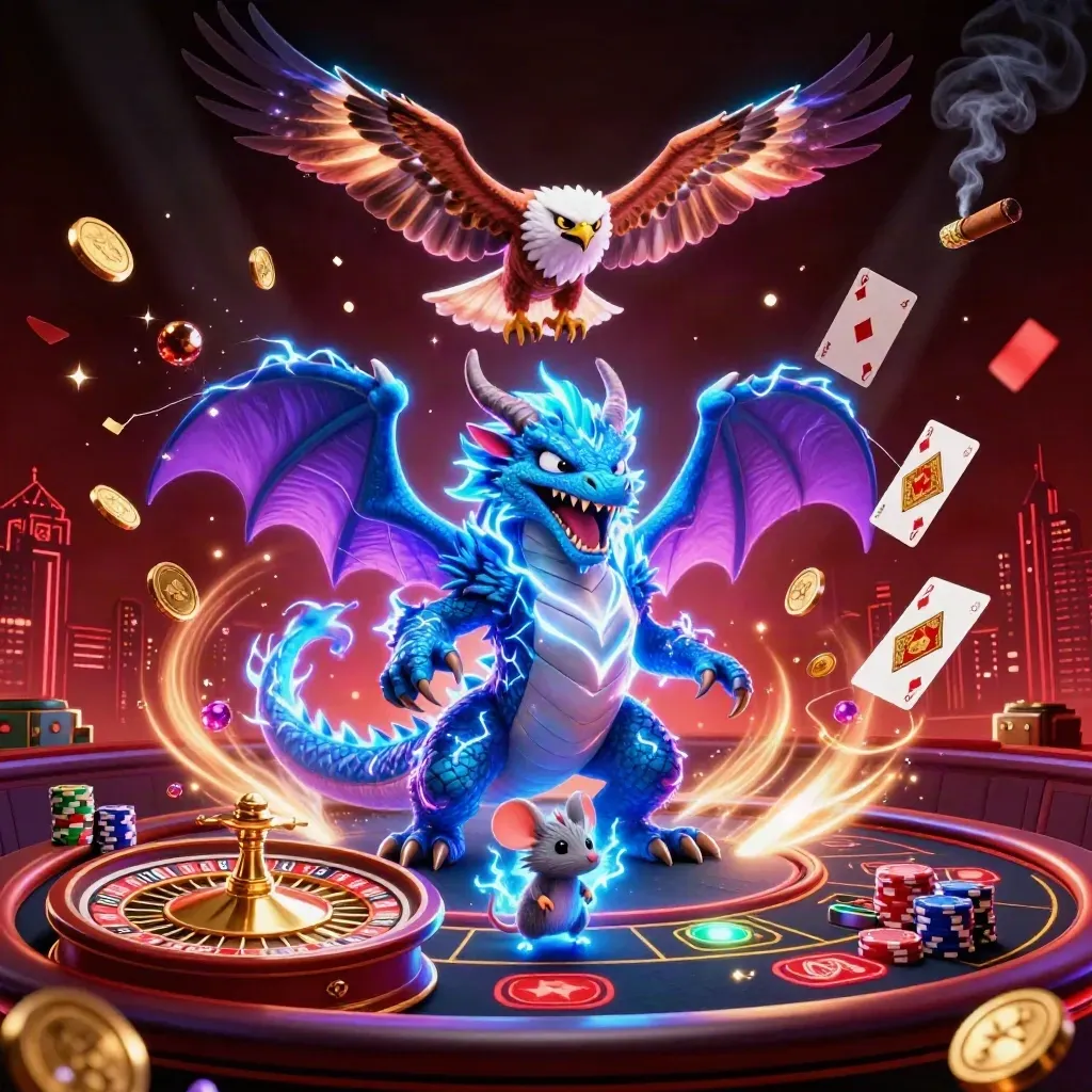Thunder dragon, wind hawk, and crackling mouse amid casino lights, coins, cards, and roulette