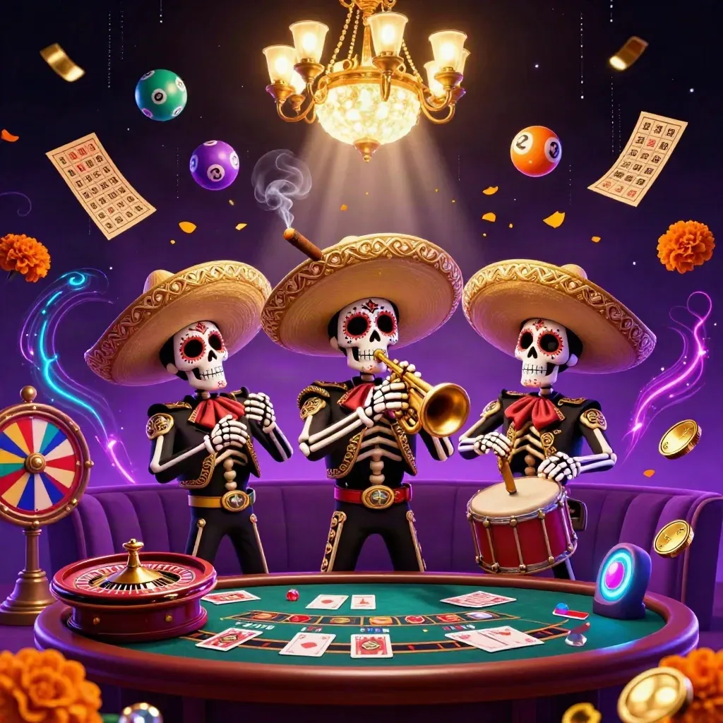 Day-of-the-Dead mariachi skeleton trio amid casino lights, spinning wheel, lottery balls, and neon glow