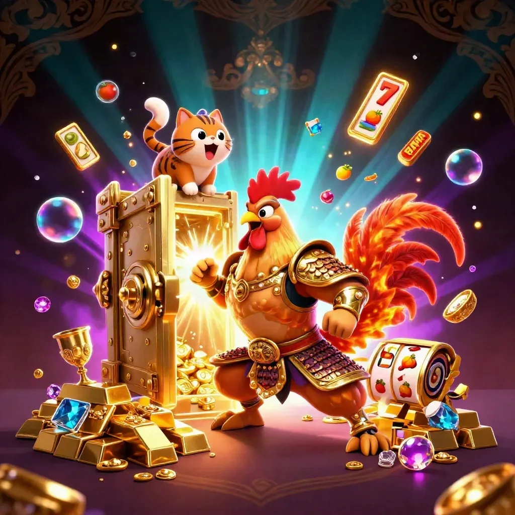 Samurai rooster, spark-breathing dragon hatchling, and fortune-cat amid vault gold and neon casino glow.