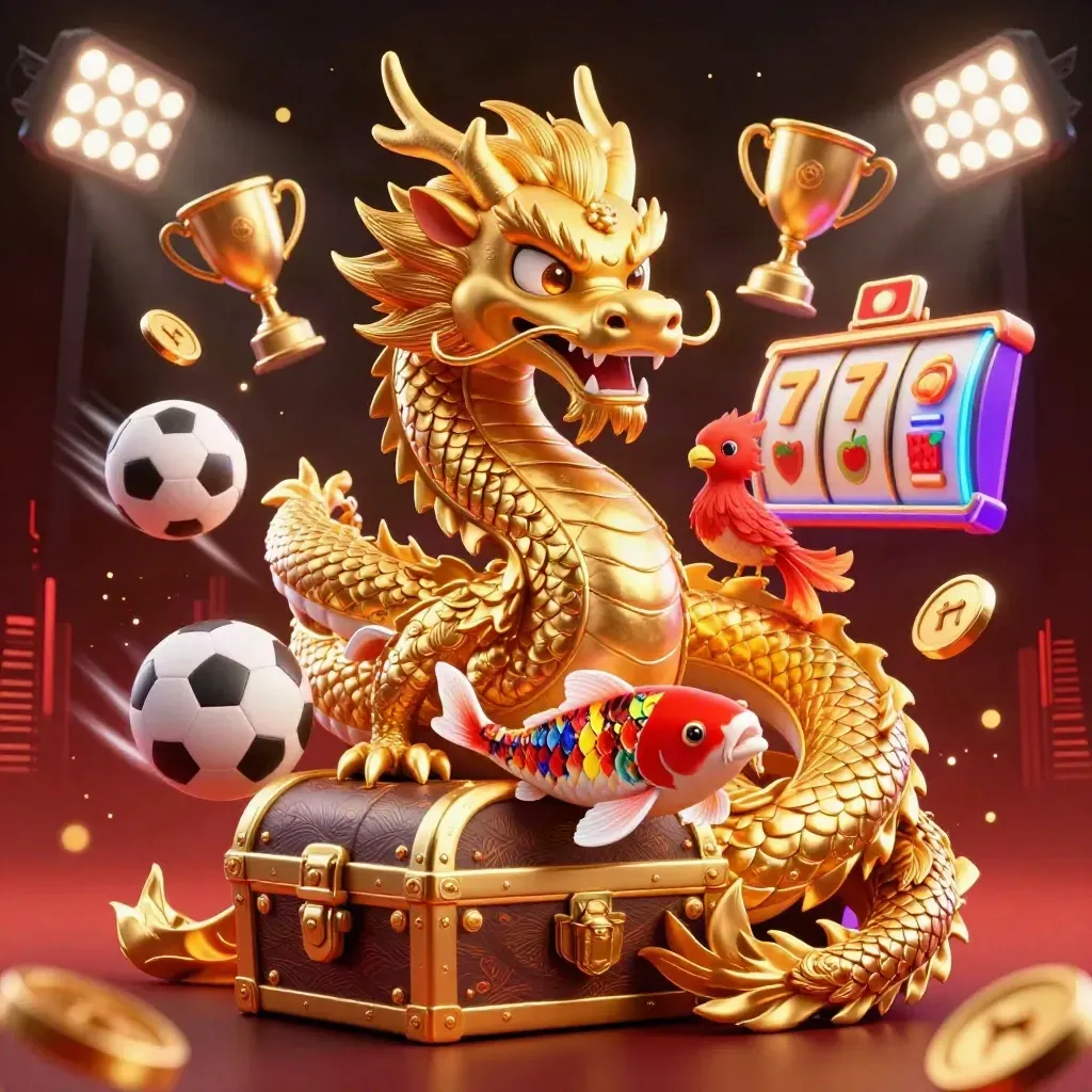 Golden dragon, phoenix, koi, treasure, and casino bursts in a neon casino splash scene.