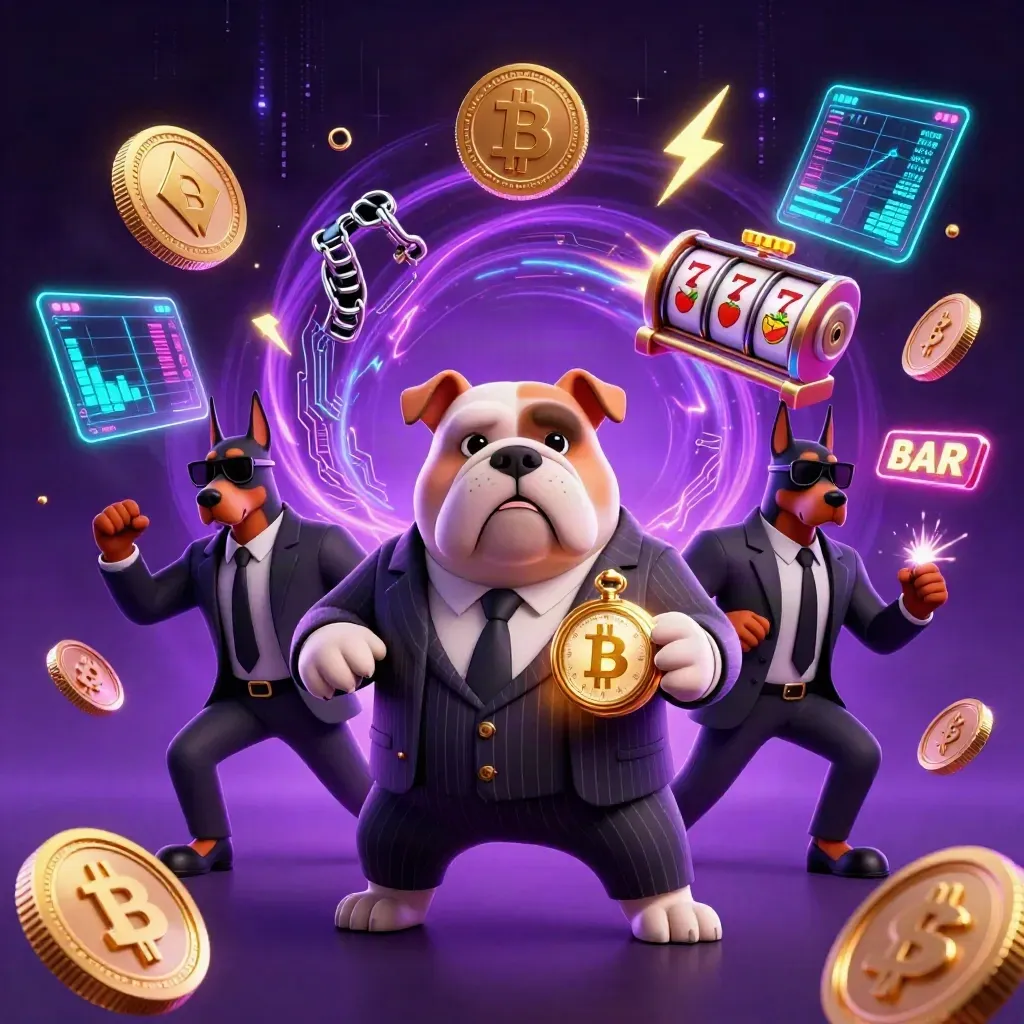 Bulldog mob boss with Dobermans amid neon coins, reels, lightning, and casino energy.