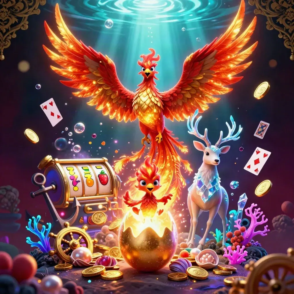 Phoenix, baby phoenix, and crystalline stag amid gold coins, coral, and glowing treasure cove.