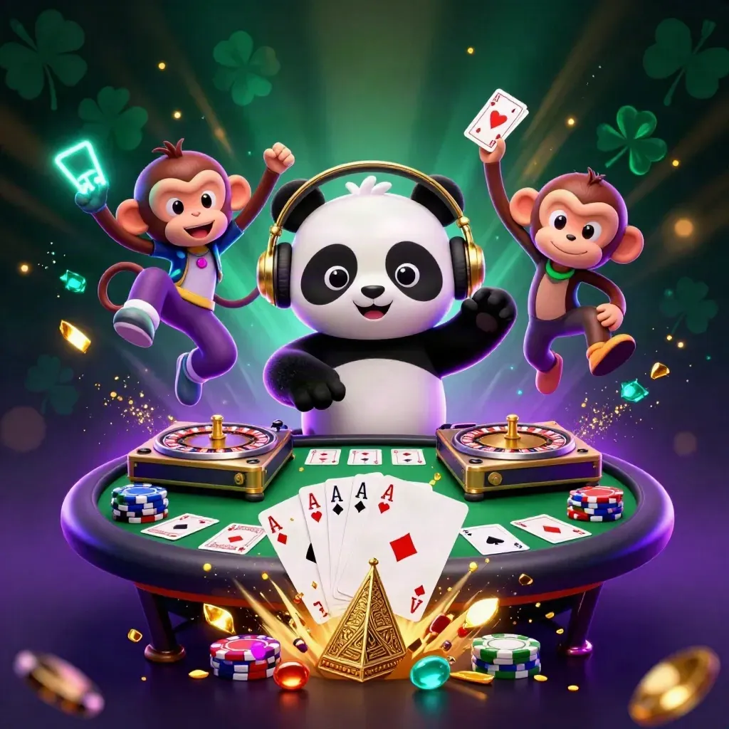 DJ panda, dancing monkey, and rave kitten amid casino chips, cards, and neon violet sparks.