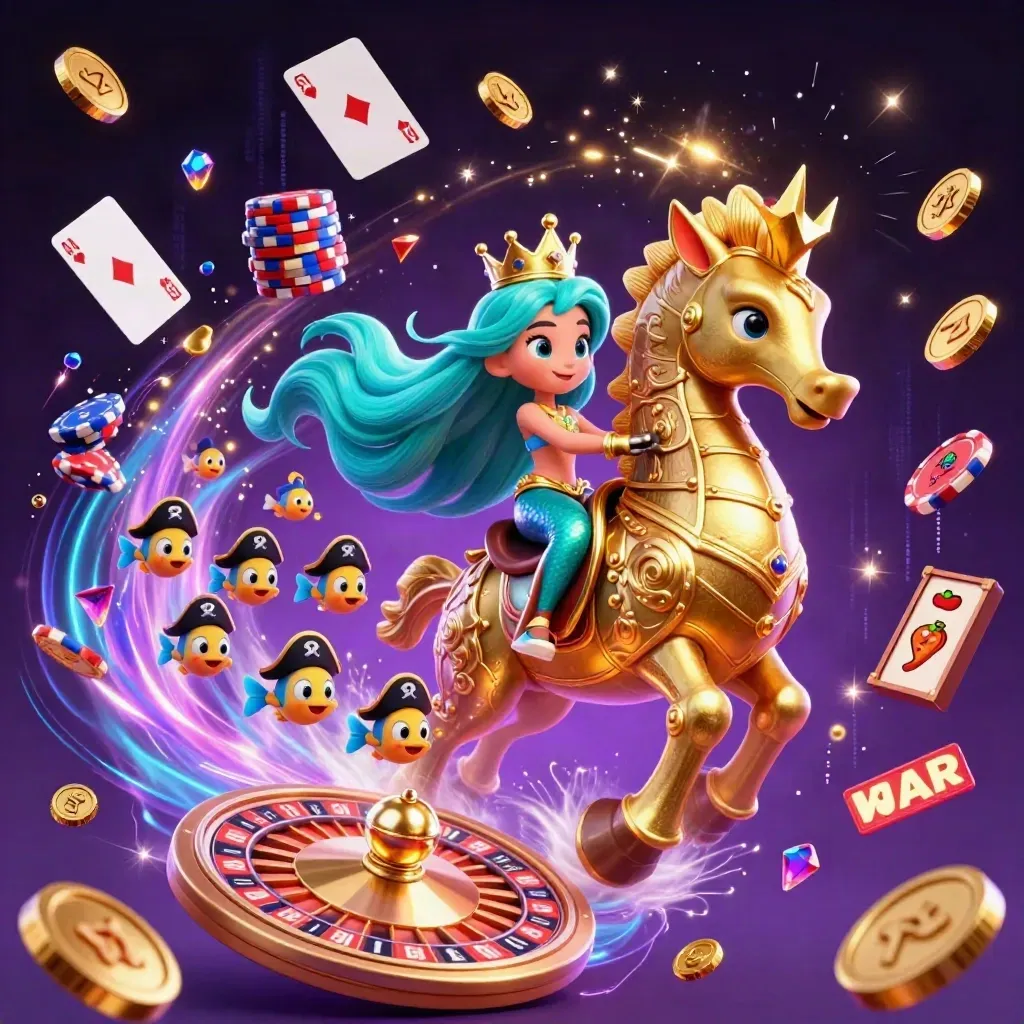 Mermaid princess rides armored seahorse amid coins, gems, cards, chips, and neon casino magic.
