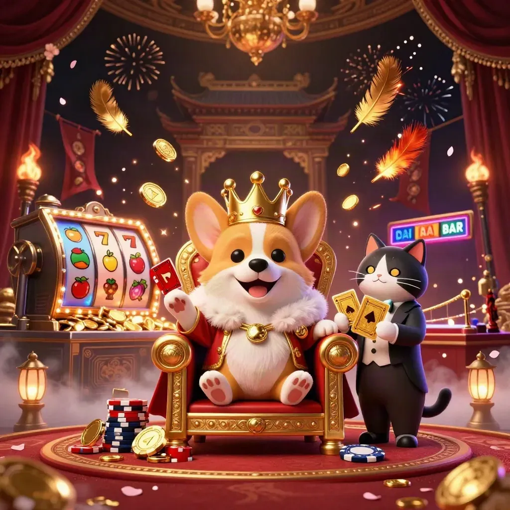 Crowned corgi and cat butler amid coins, reels, temple gate, and casino fireworks.