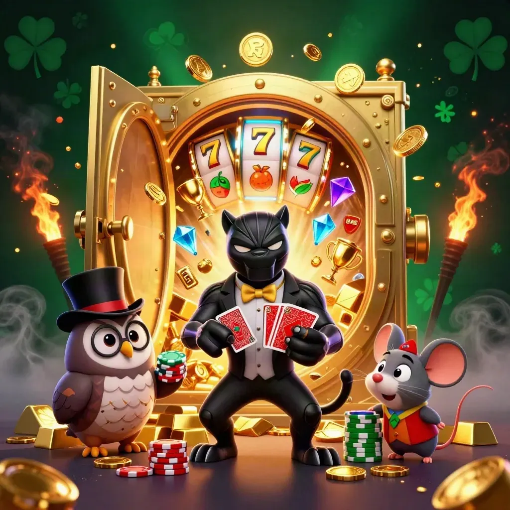Panther, owl, and mouse celebrate a vault burst with coins, gems, reels, and fireworks